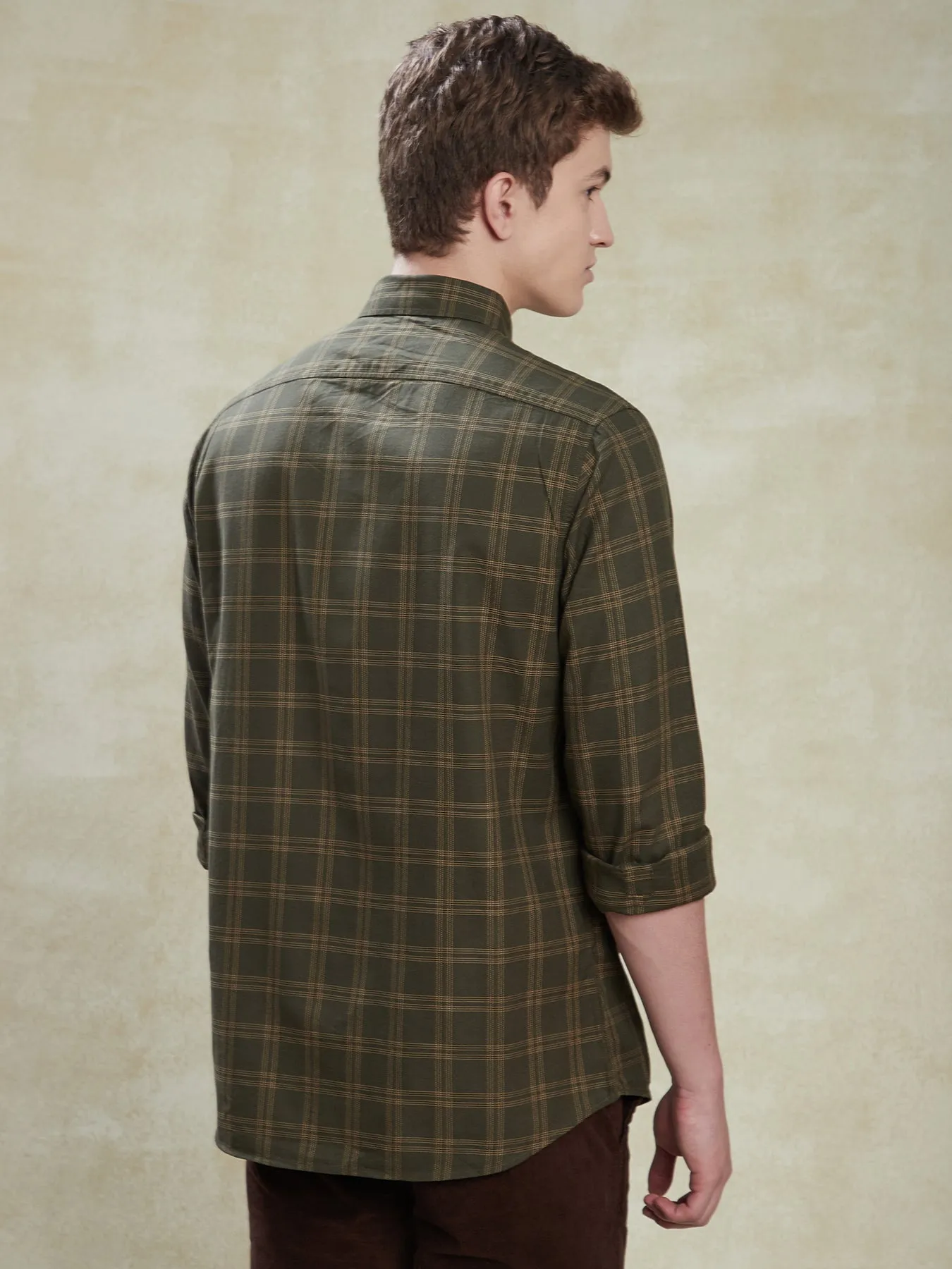 100% Cotton Olive Green Slim Fit Full Sleeve Casual Mens Checkered Shirt