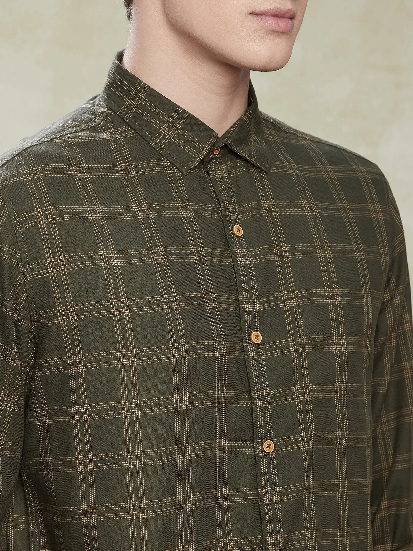 100% Cotton Olive Green Slim Fit Full Sleeve Casual Mens Checkered Shirt