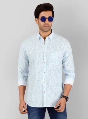 Air Blue & White Printed Slim Fit Casual Shirt | JadeBlue