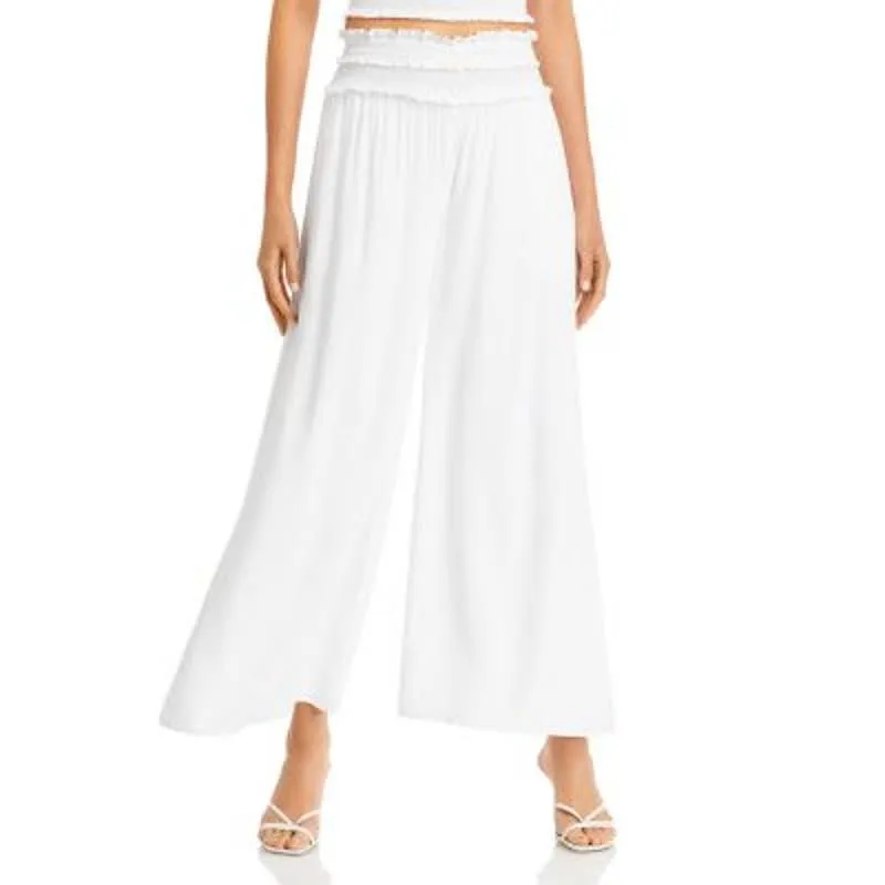 AQUA Ladies Flowy White "Angelo" Pants, Elastic Waist & Wide Leg