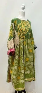 Artisan Kantha Quilt Float Dress. Comfortable and Very Chic (Lime)