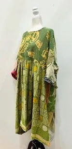 Artisan Kantha Quilt Float Dress. Comfortable and Very Chic (Lime)