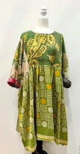 Artisan Kantha Quilt Float Dress. Comfortable and Very Chic (Lime)