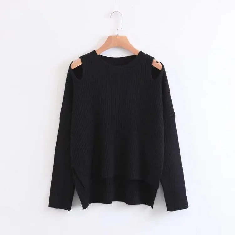 Bear Shoulder Cut Out Low High Solid Color Sweater