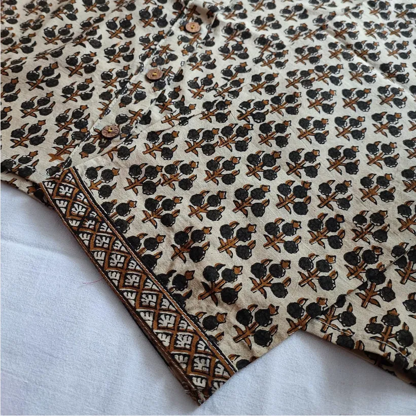 Beige Pure Cotton Handblock Printed Contemporary Blouse/Crop Top