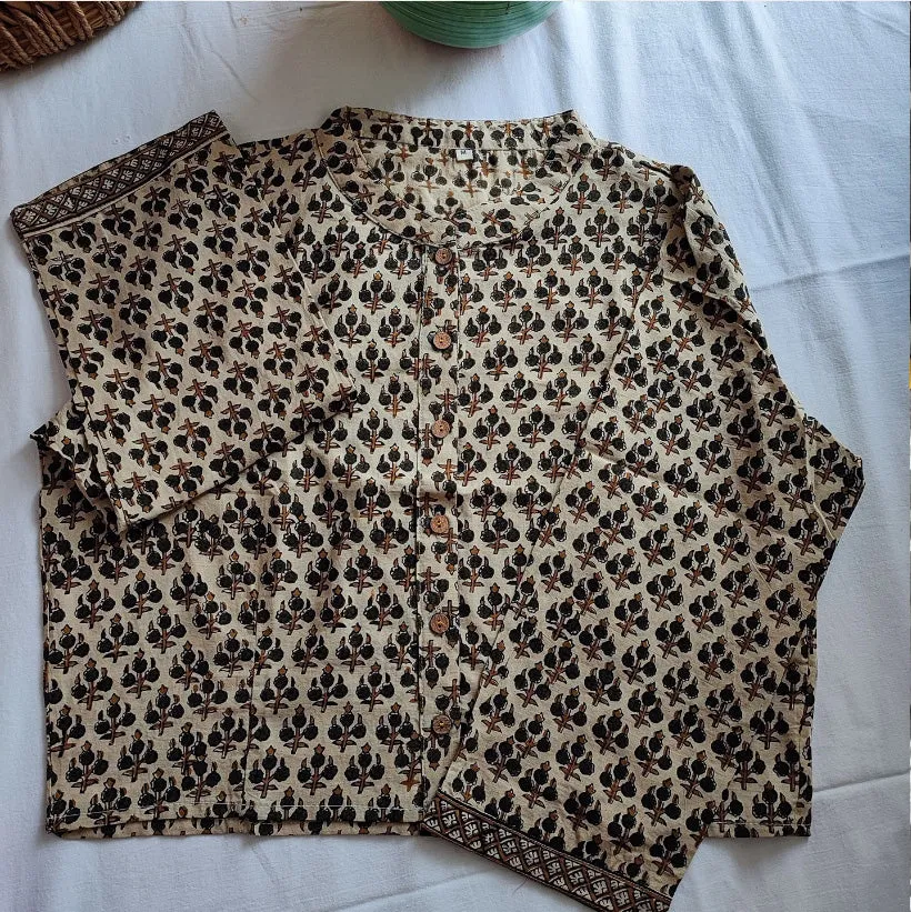 Beige Pure Cotton Handblock Printed Contemporary Blouse/Crop Top