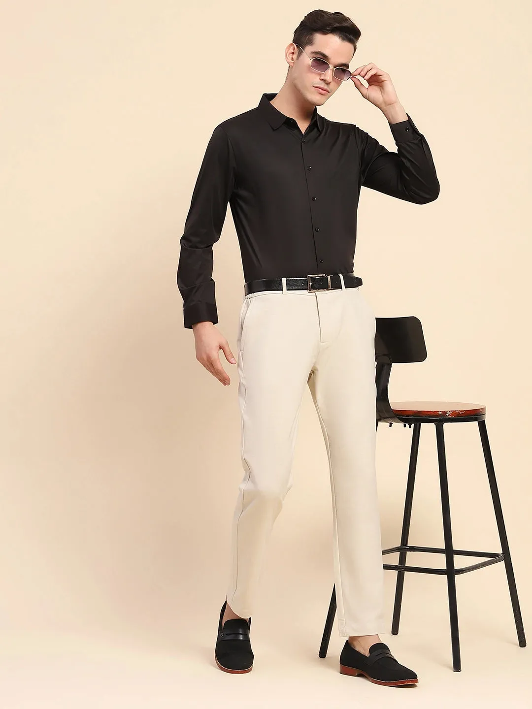 Black Nylon Blend Solid Formal Shirt