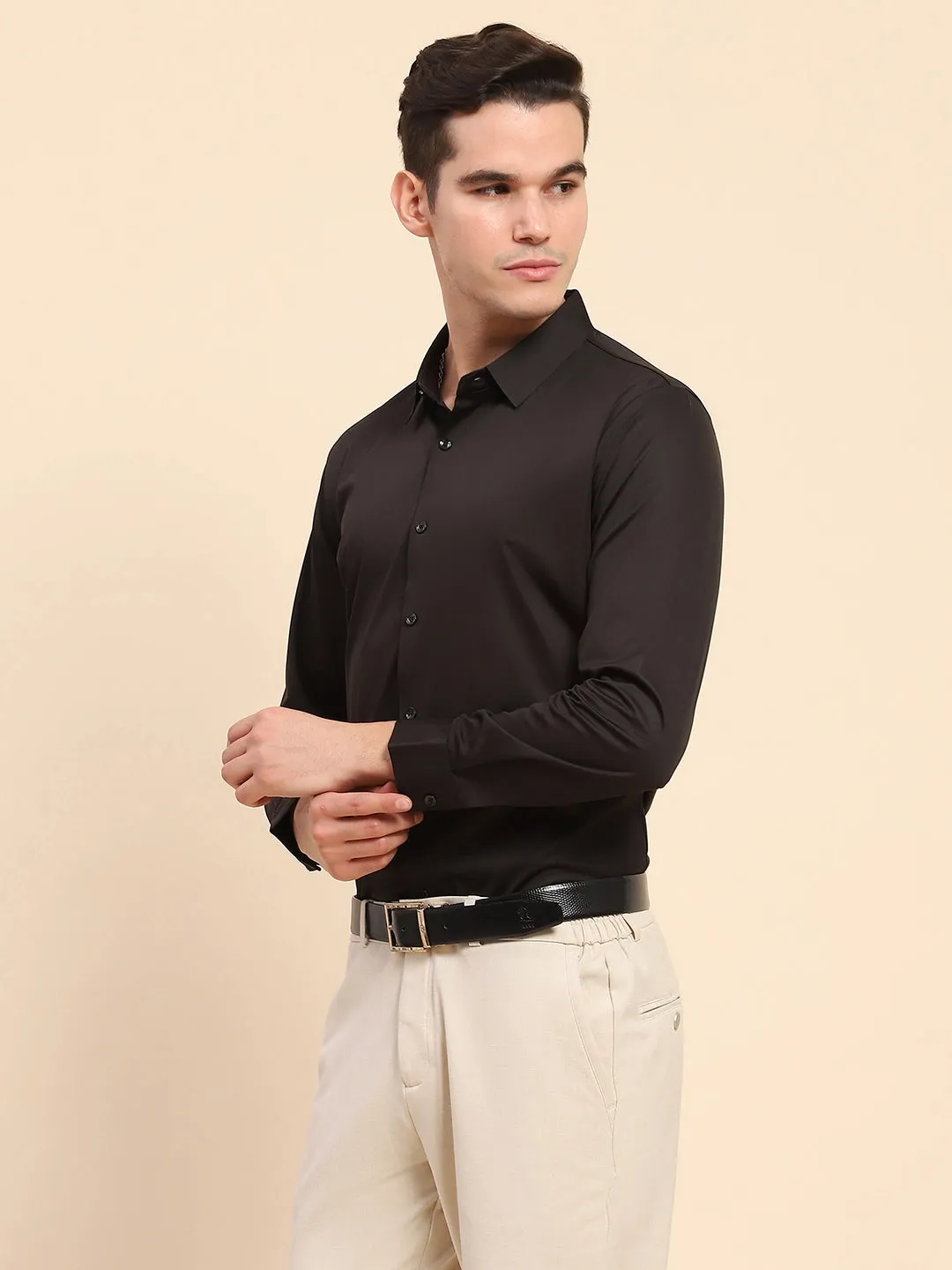 Black Nylon Blend Solid Formal Shirt