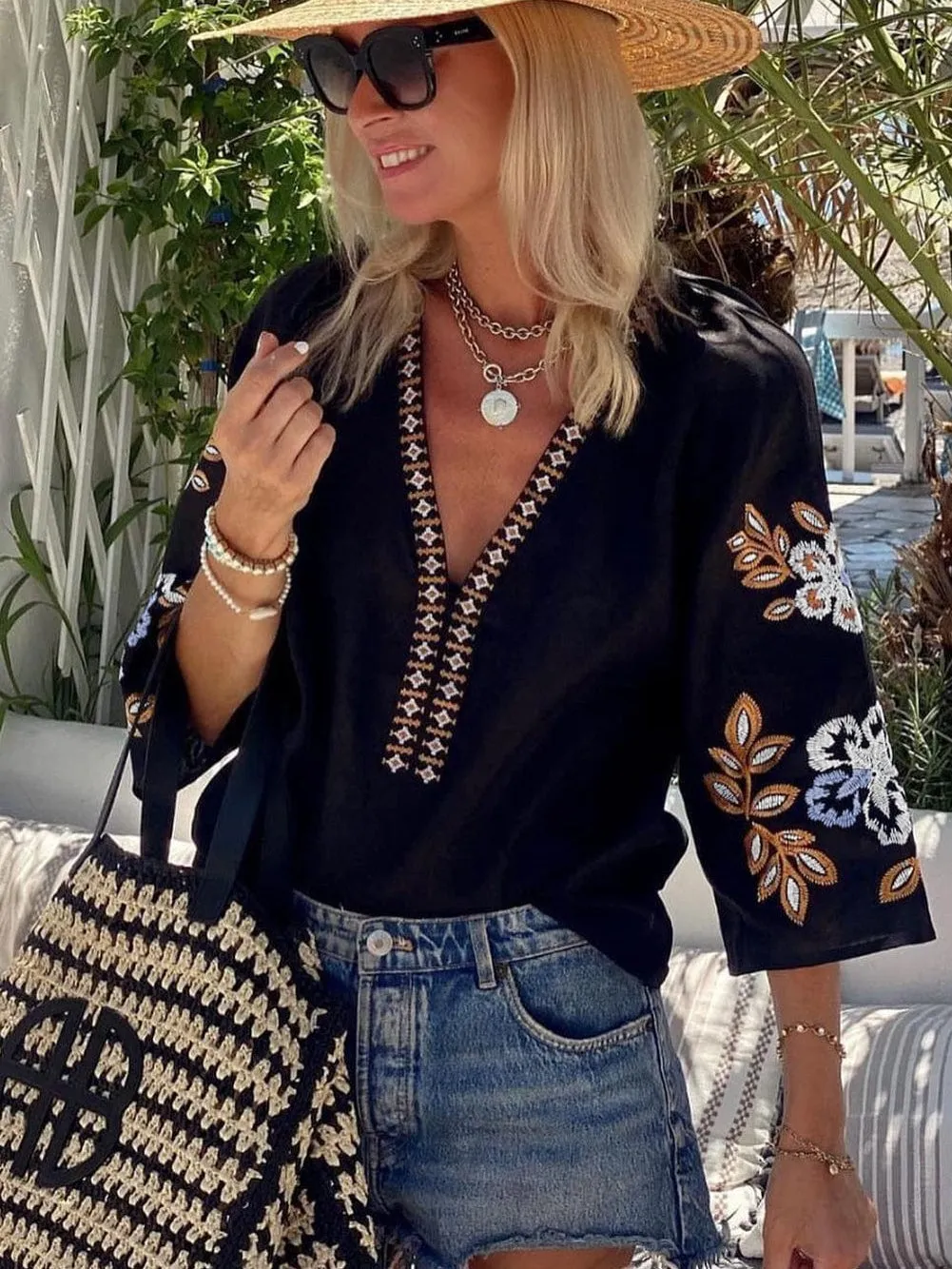 Bohemian Black V Neck Blouse with Floral Embroidery