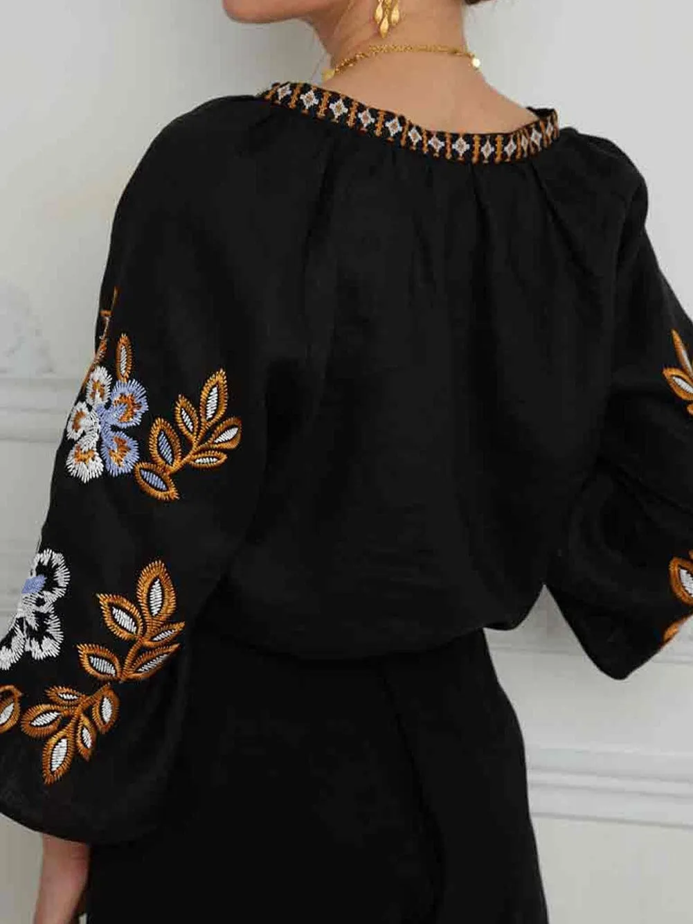 Bohemian Black V Neck Blouse with Floral Embroidery