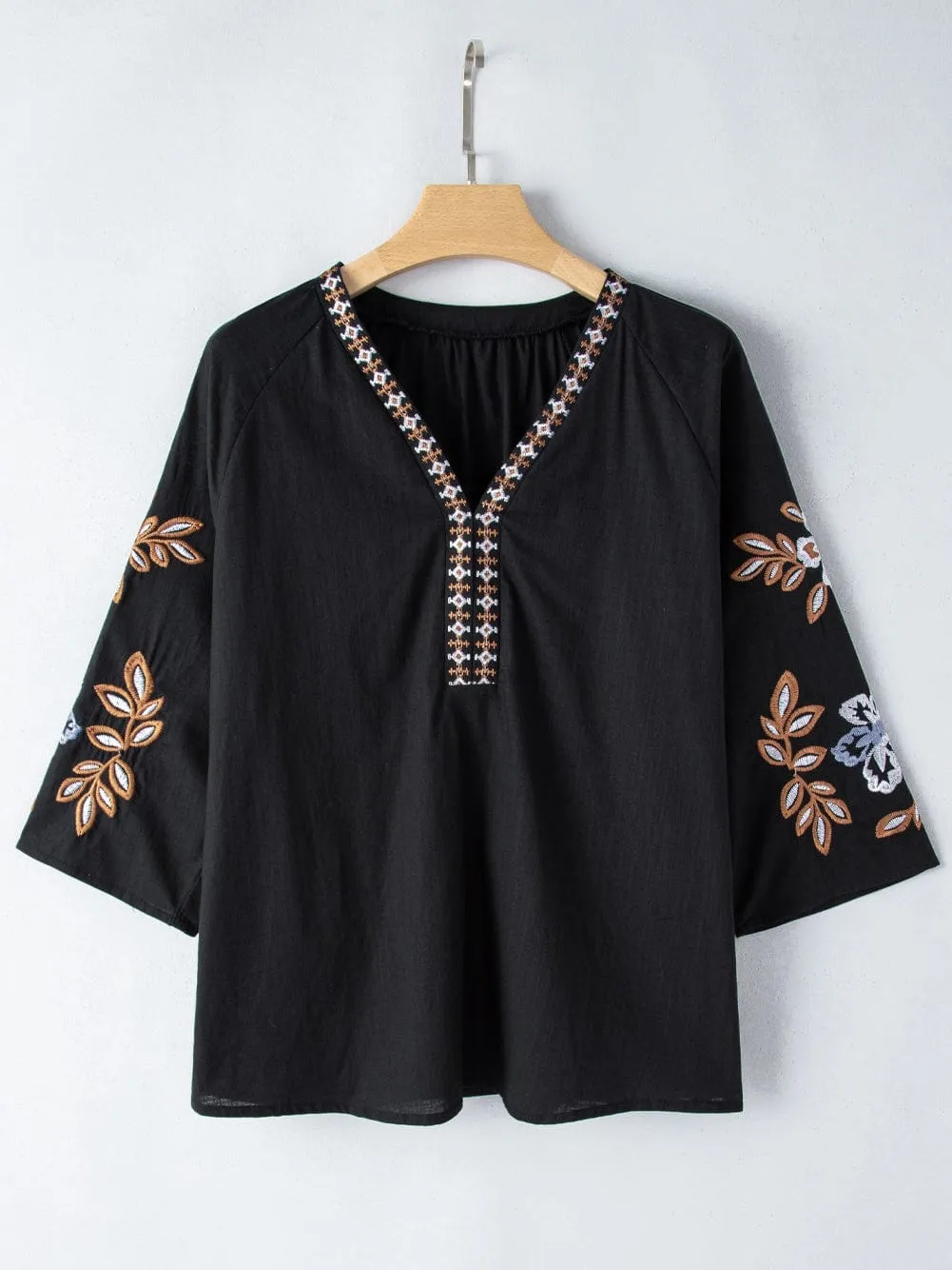 Bohemian Black V Neck Blouse with Floral Embroidery