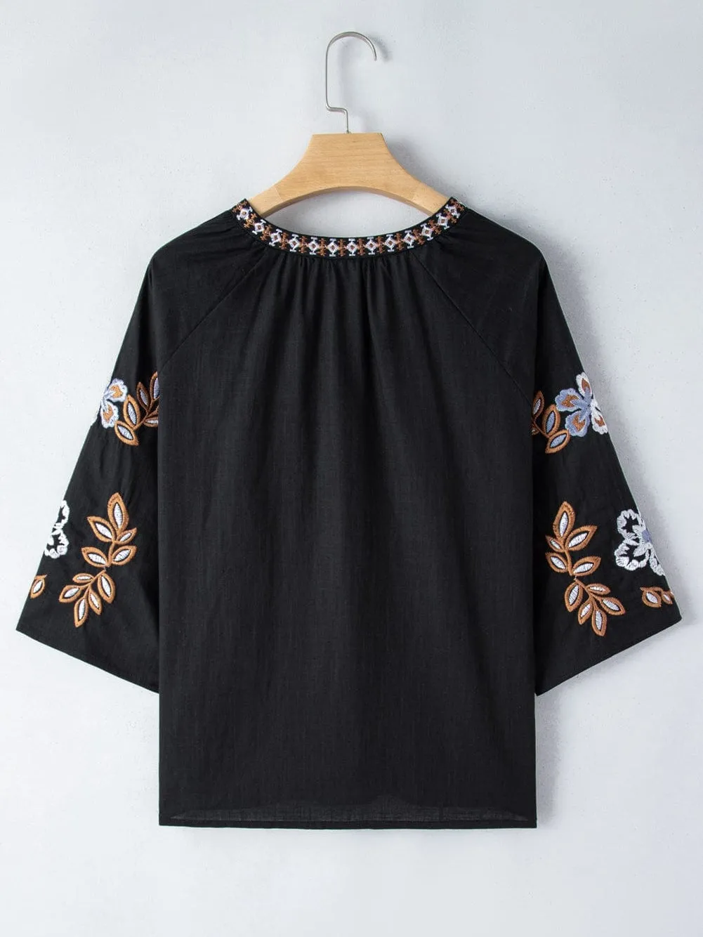 Bohemian Black V Neck Blouse with Floral Embroidery