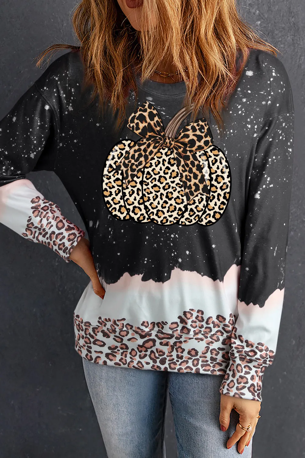 Bow Pumpkin Leopard Bleached Pullover Sweatshirt