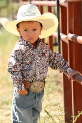 BOYS MATCH DAD PAISLEY PRINT BUTTON-DOWN WESTERN TODDLER SHIRT - BURGUNDY / AQUA / BROWN