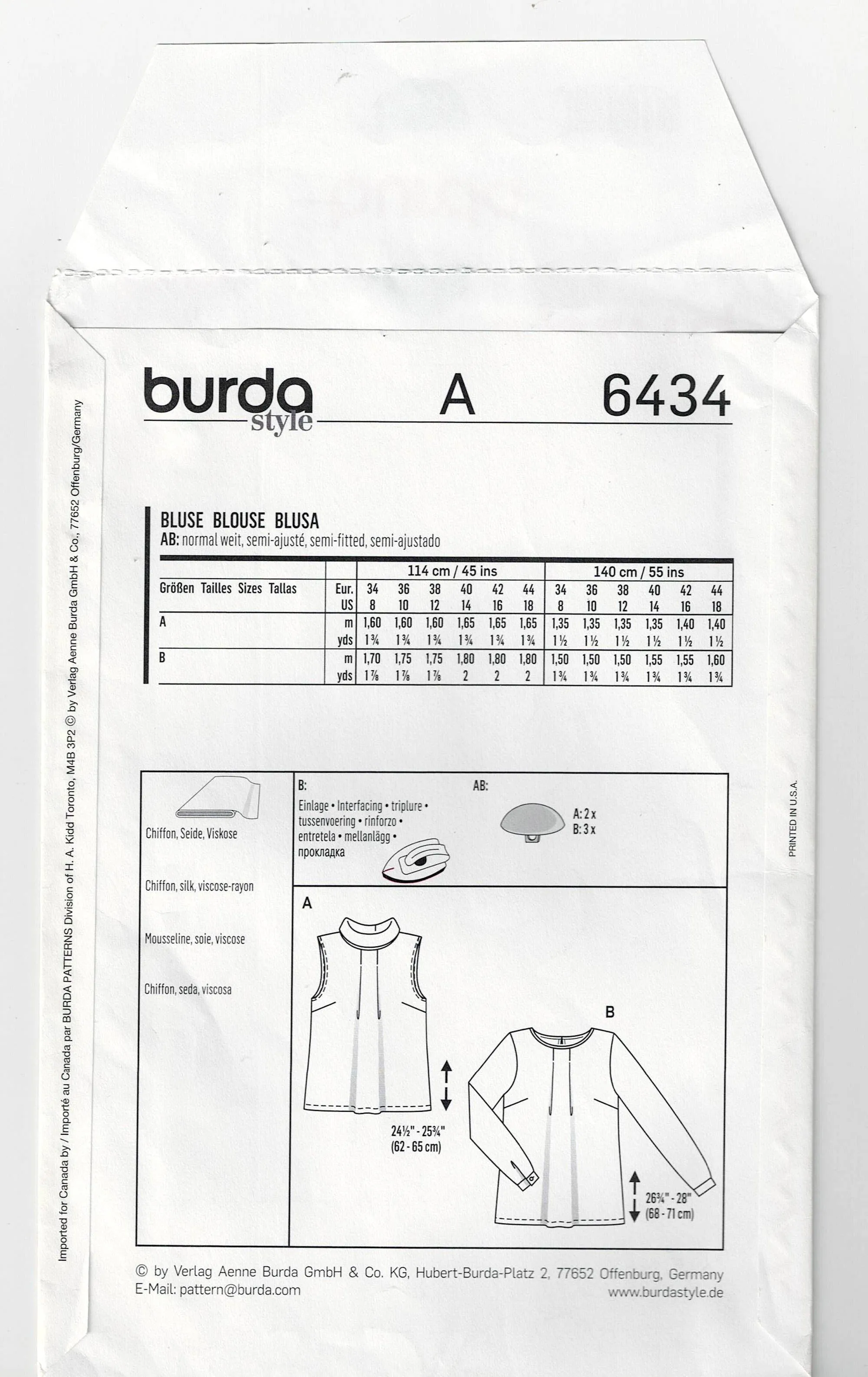 Burda 6434 Womens pPleated Pullover Tops Sewing Pattern Sizes 8 - 18 UNCUT Factory Folded