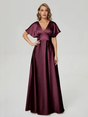 Cabernet Bridesmaid Dresses Ariah Modest V Neck Short Sleeves Soft Satin Dresses