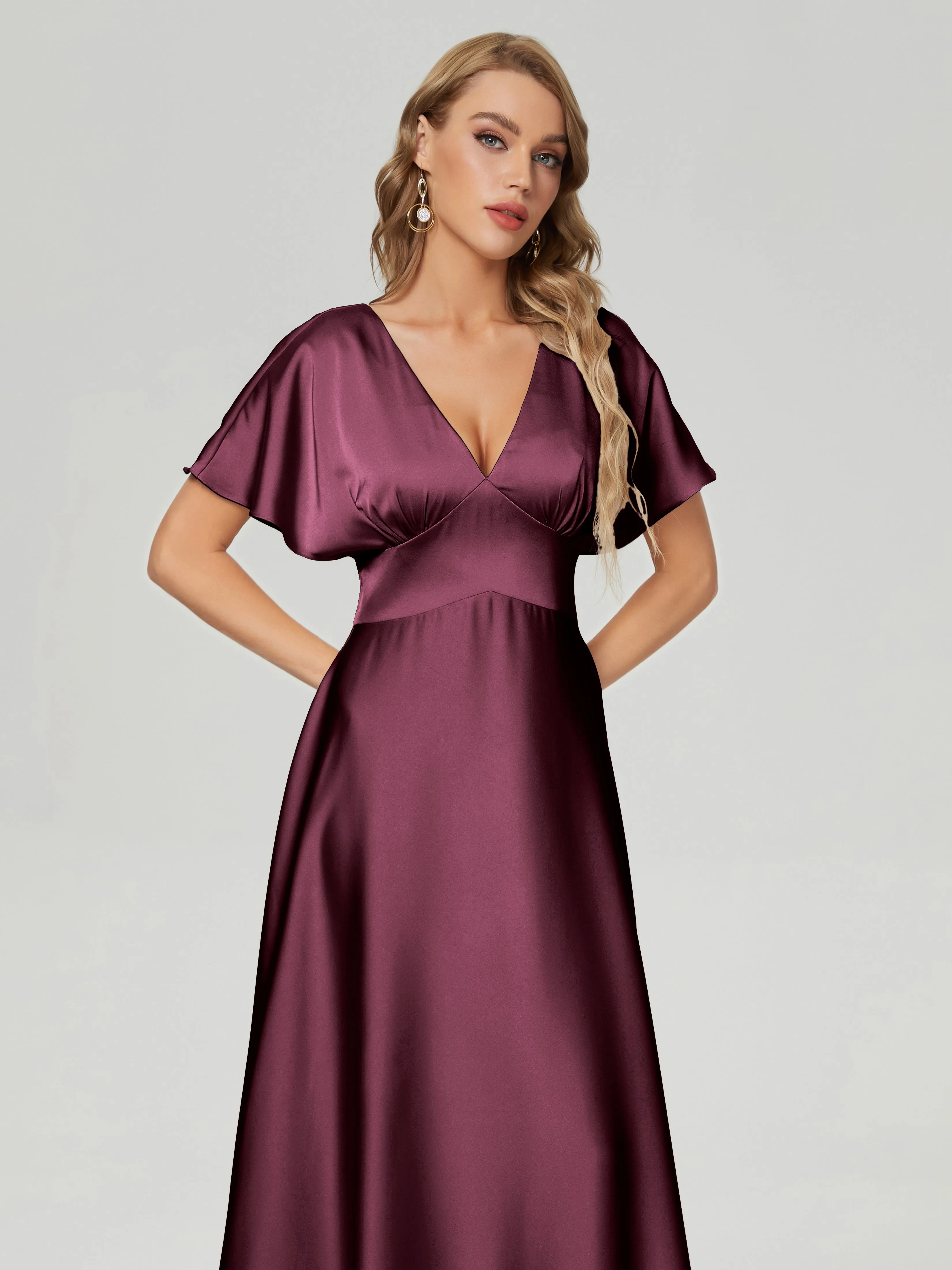 Cabernet Bridesmaid Dresses Ariah Modest V Neck Short Sleeves Soft Satin Dresses