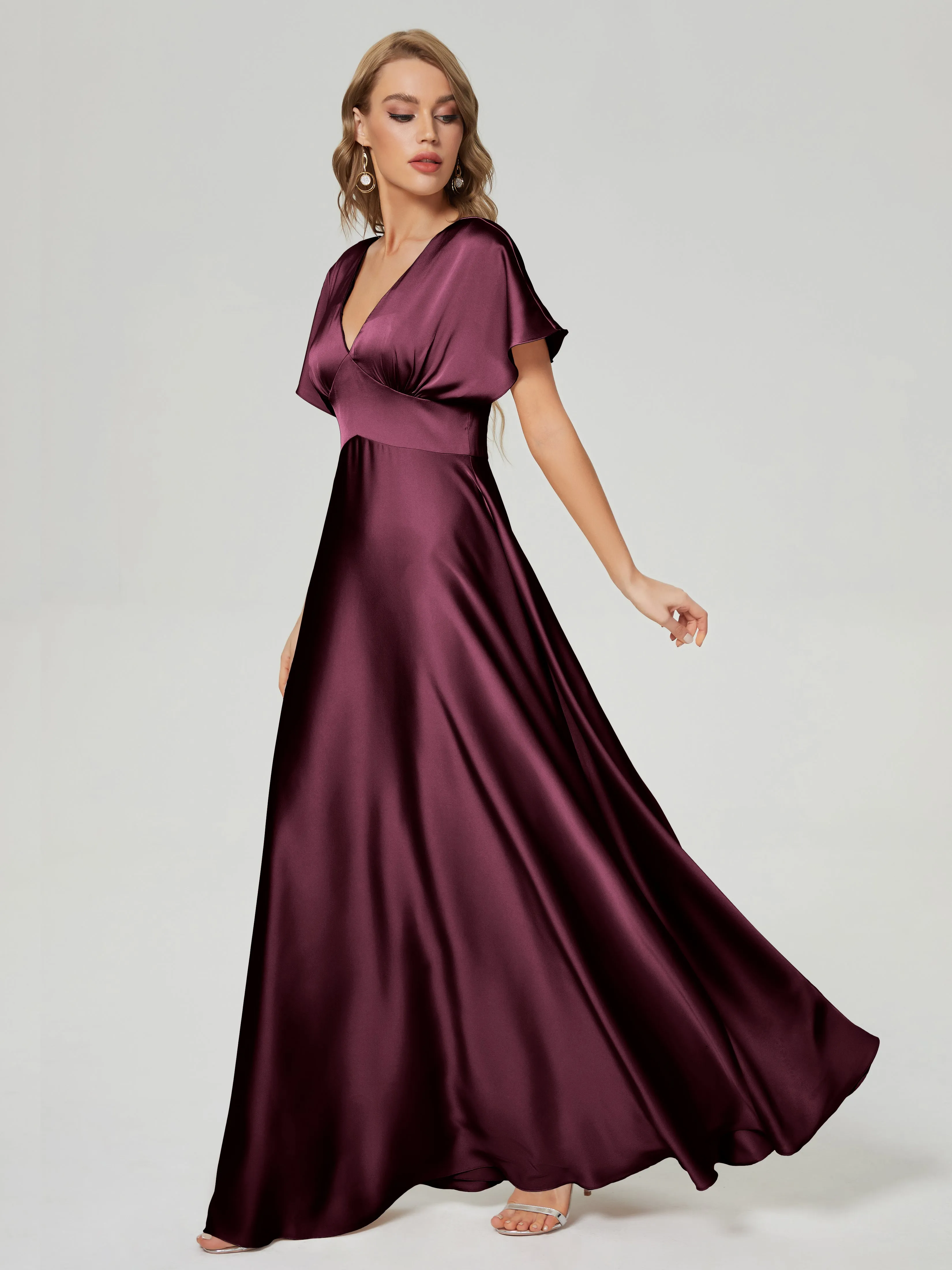 Cabernet Bridesmaid Dresses Ariah Modest V Neck Short Sleeves Soft Satin Dresses