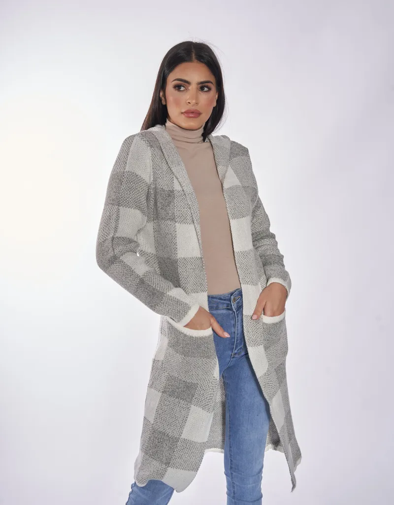 Checkered Knit Cardigan Hoody