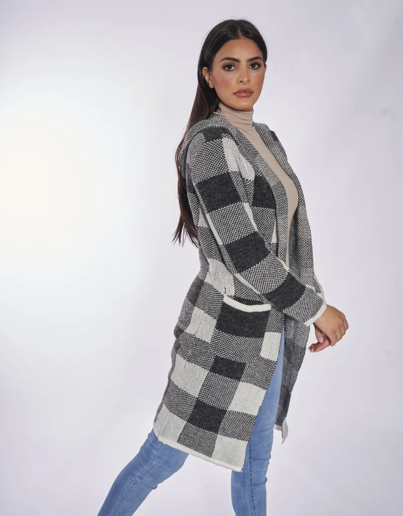 Checkered Knit Cardigan Hoody