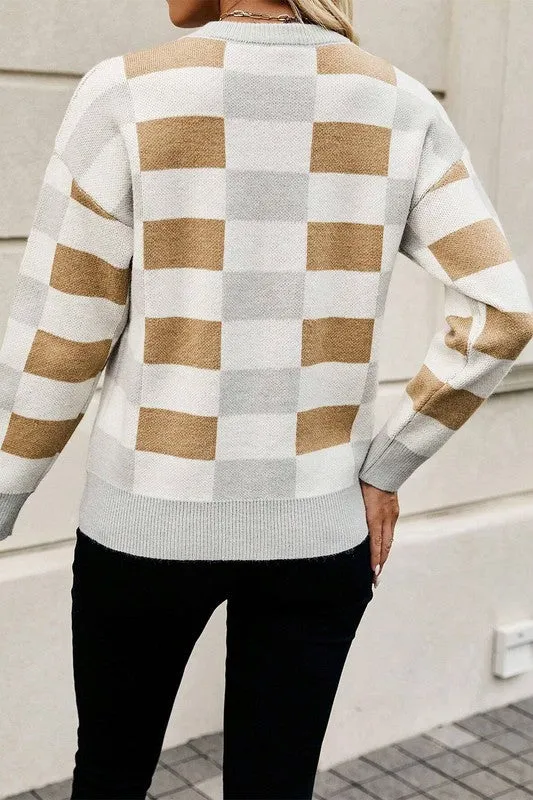 Checkered Ribbed Edge O Neck Drop Shoulder Sweater