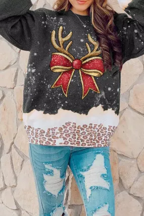 Christmas Antler Bow Bleached Pullover Sweatshirt