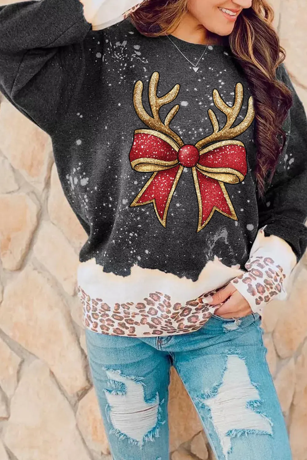 Christmas Antler Bow Bleached Pullover Sweatshirt