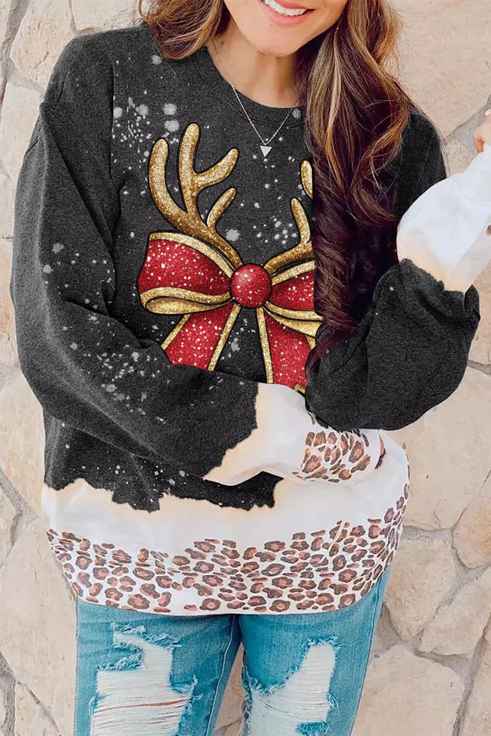 Christmas Antler Bow Bleached Pullover Sweatshirt