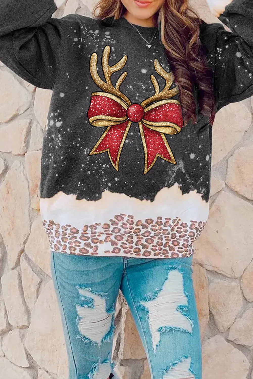 Christmas Antler Bow Bleached Pullover Sweatshirt