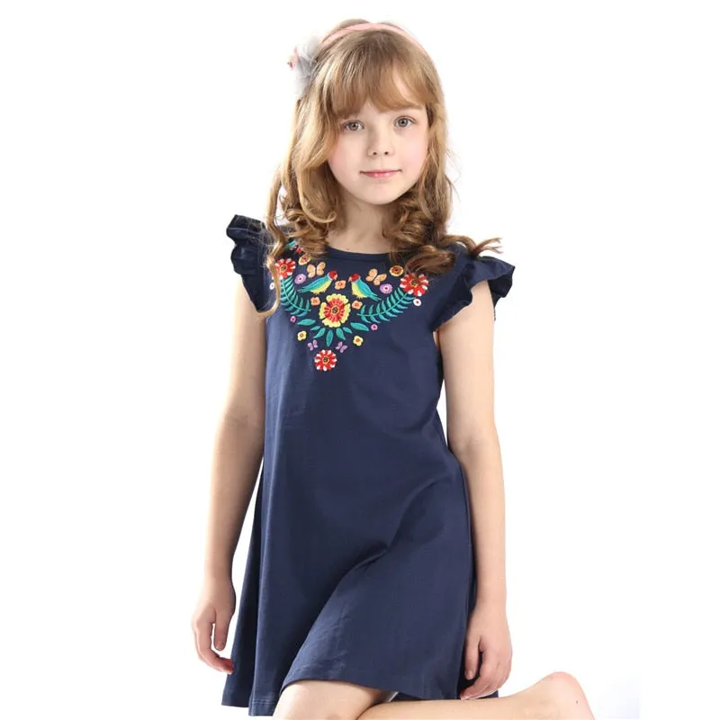 Comfortable Breathable Girls' A-Line Shirt Dresses With Embroidery Pattern