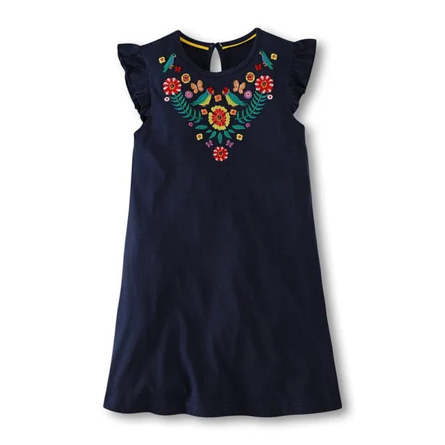 Comfortable Breathable Girls' A-Line Shirt Dresses With Embroidery Pattern