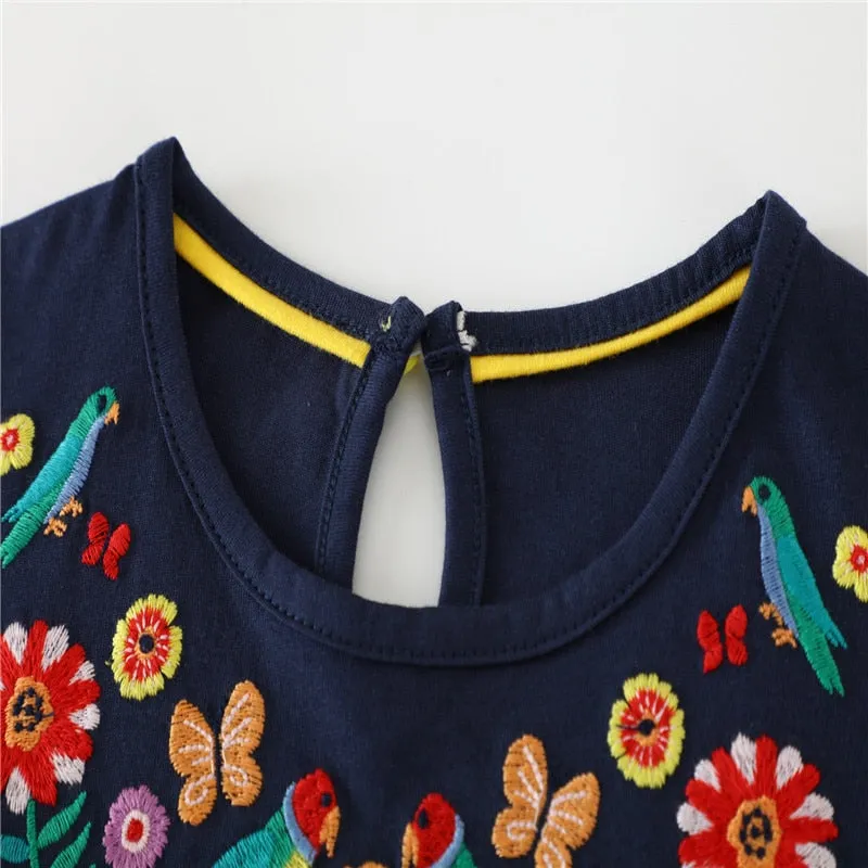 Comfortable Breathable Girls' A-Line Shirt Dresses With Embroidery Pattern