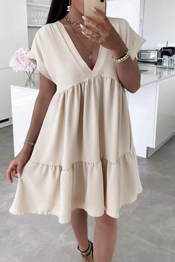 Comfortable Solid Color V Neck Short Sleeve Mini Dress