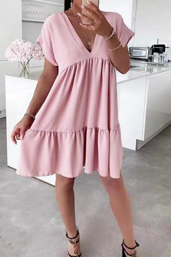 Comfortable Solid Color V Neck Short Sleeve Mini Dress