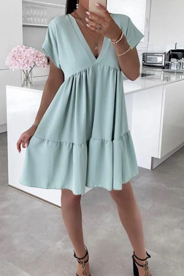 Comfortable Solid Color V Neck Short Sleeve Mini Dress