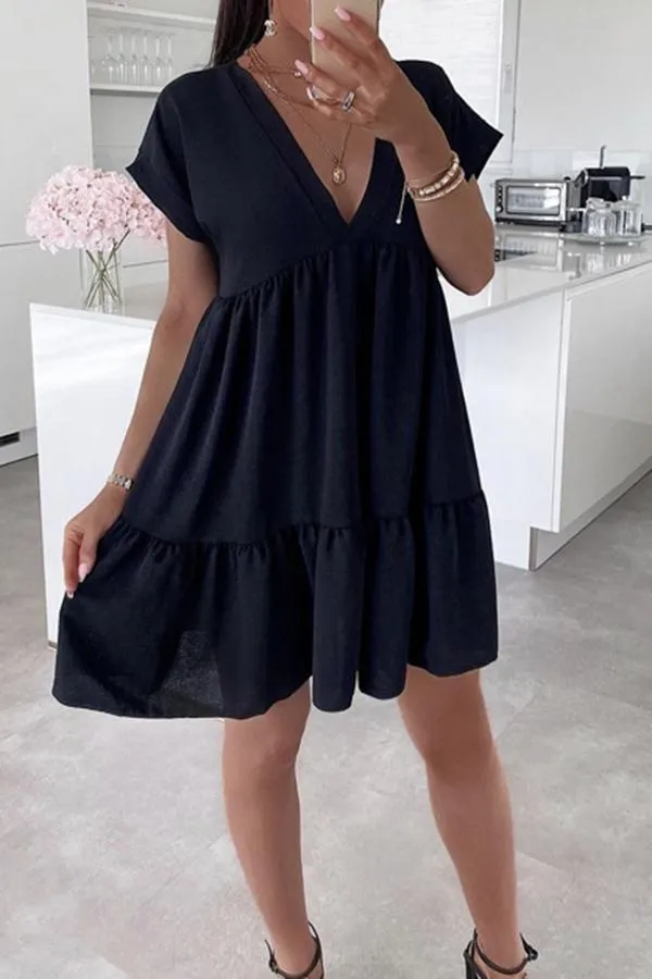 Comfortable Solid Color V Neck Short Sleeve Mini Dress