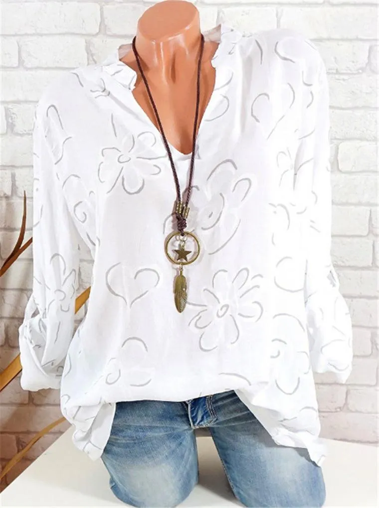 Europe Women Printed V-Neck Loose Plus Size Shirt Blouse