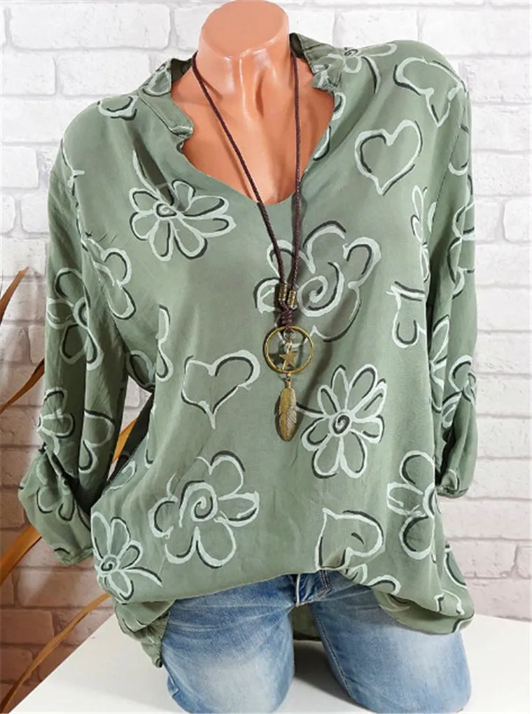 Europe Women Printed V-Neck Loose Plus Size Shirt Blouse