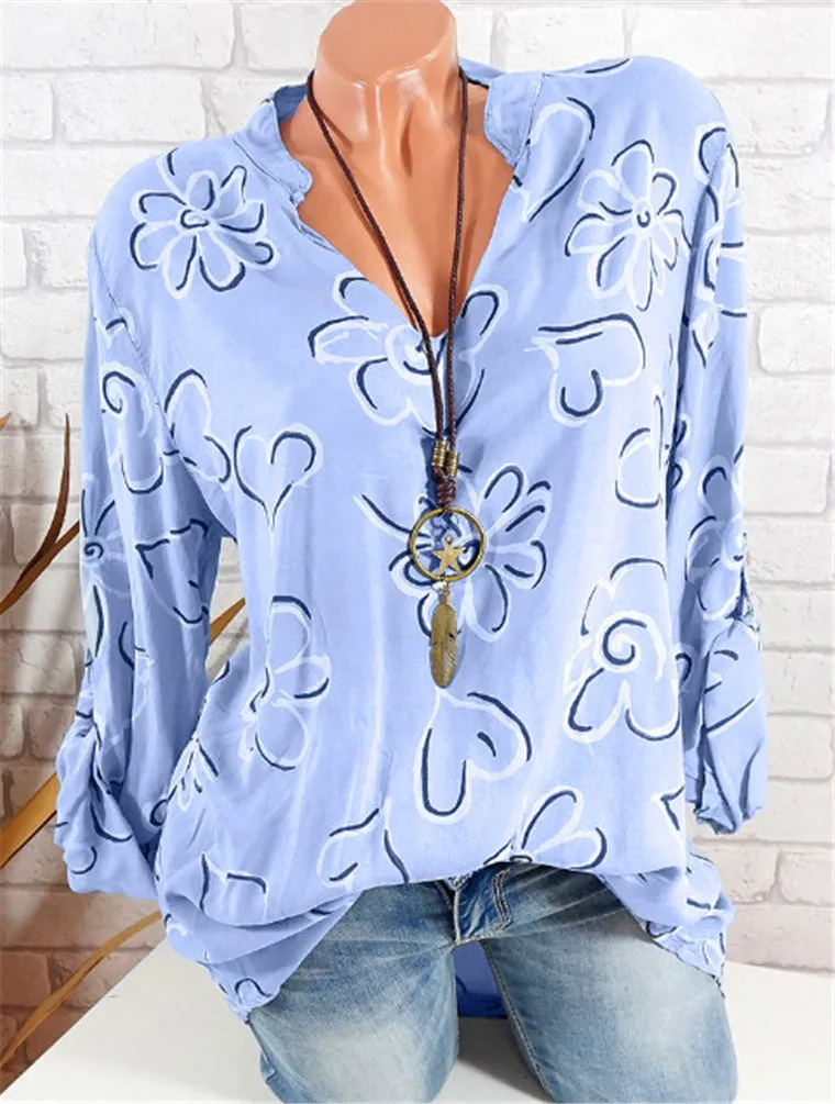 Europe Women Printed V-Neck Loose Plus Size Shirt Blouse