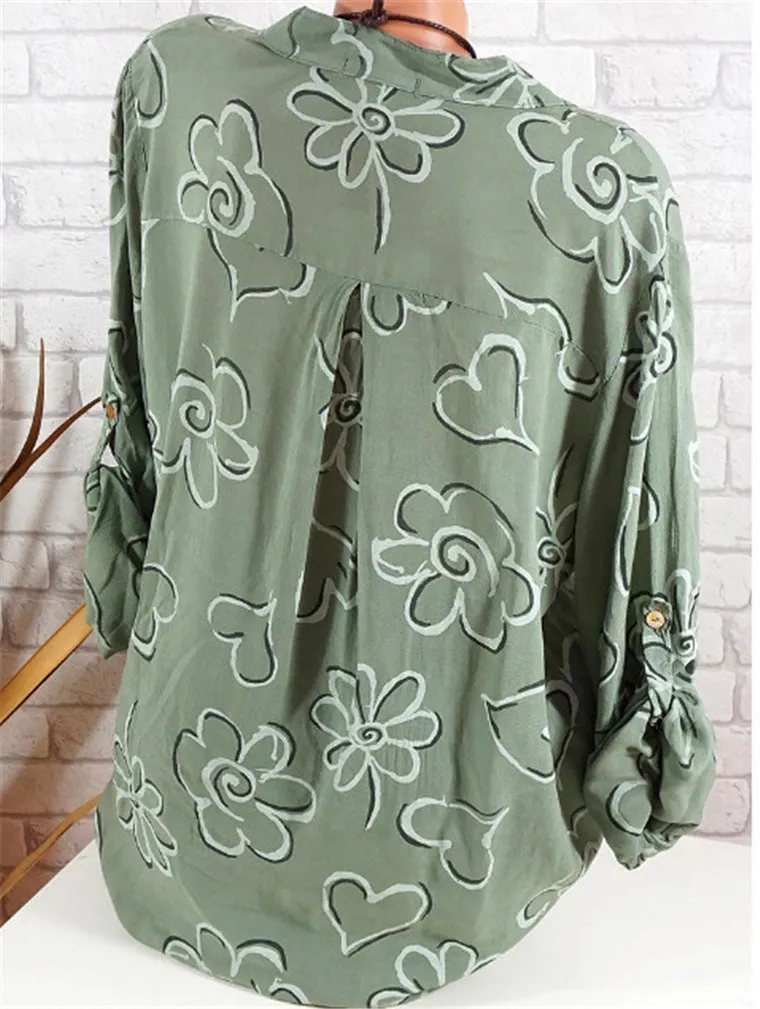 Europe Women Printed V-Neck Loose Plus Size Shirt Blouse