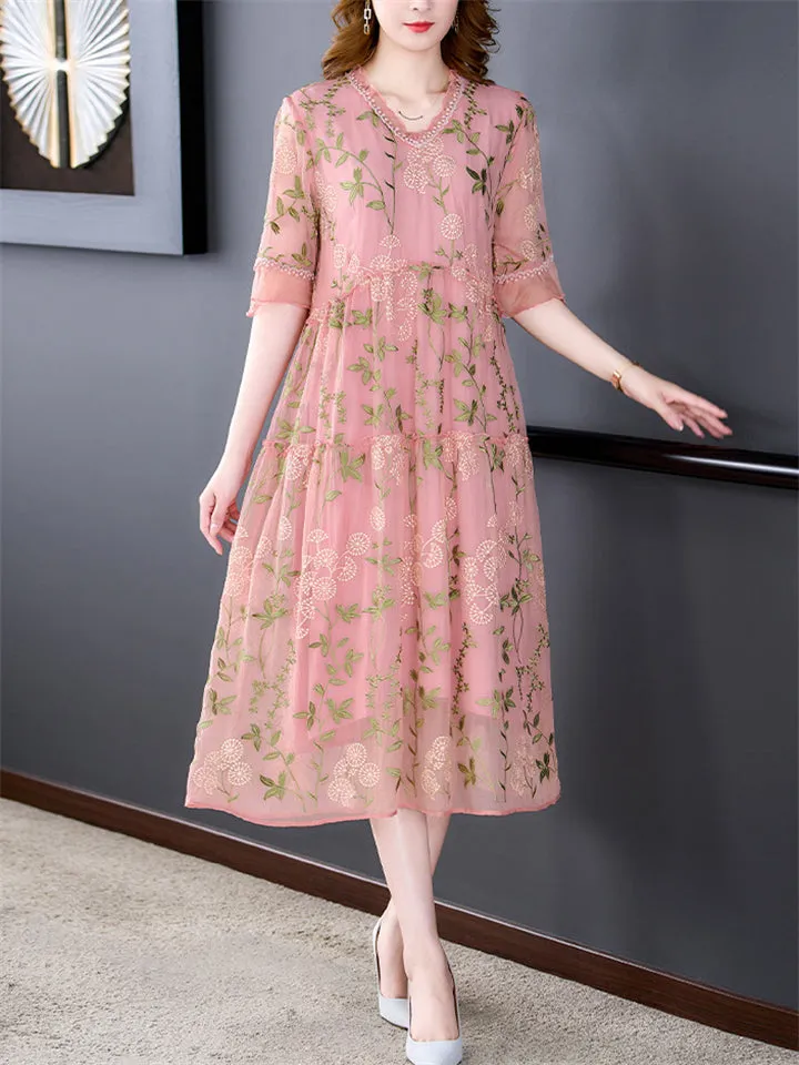 Female Comfortable Dandelion Embroidered Midi Dress