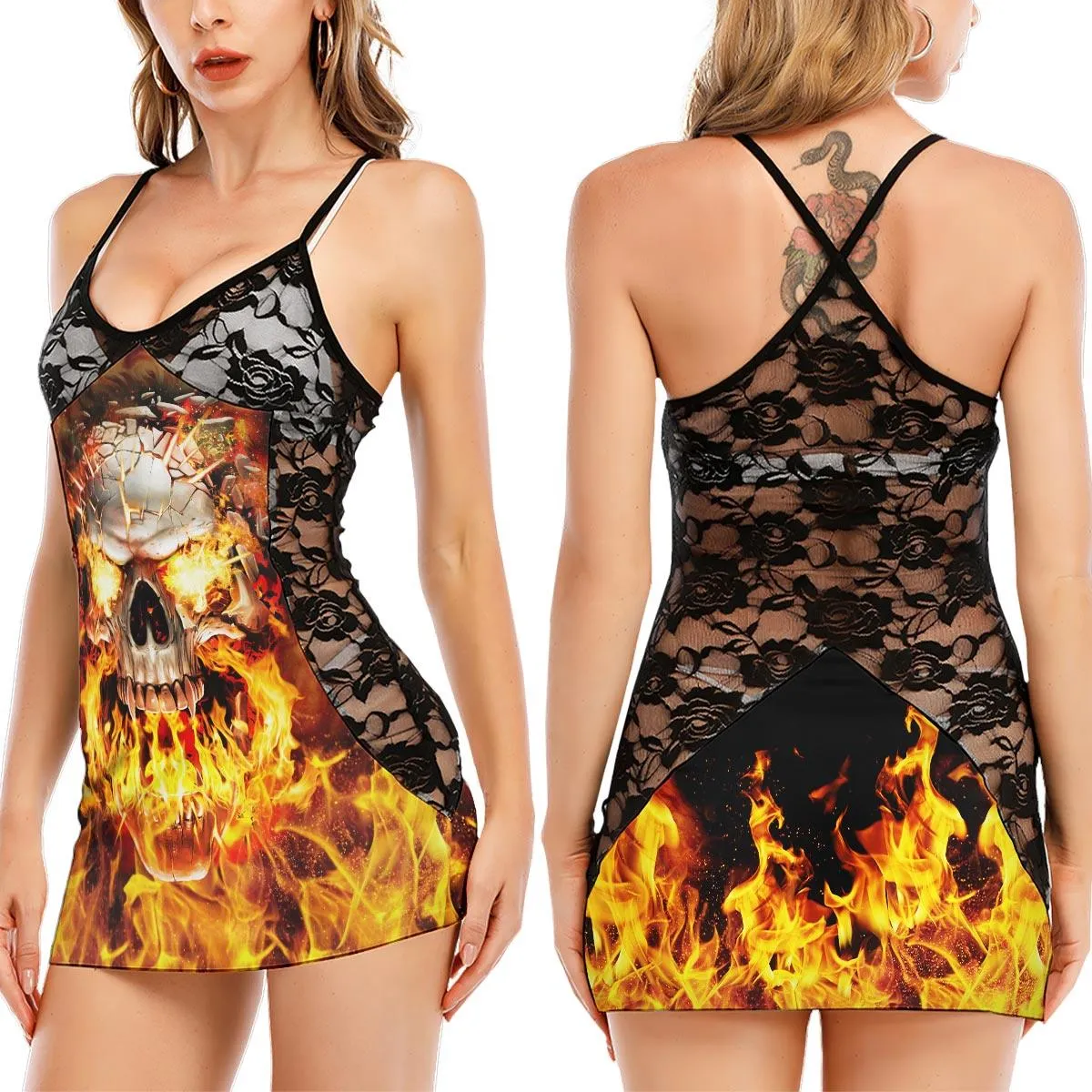 Fire Skull 3D Black Lace Sleepwears Babydol Dresses