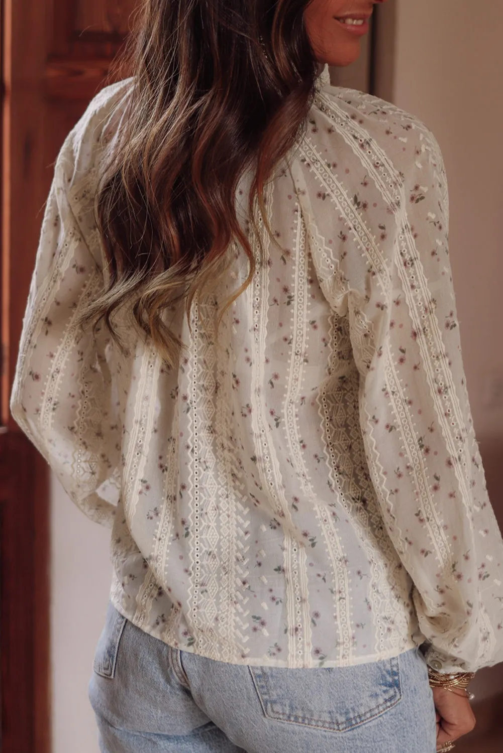 Floral Embroidered Lace Bubble Sleeve Shirt