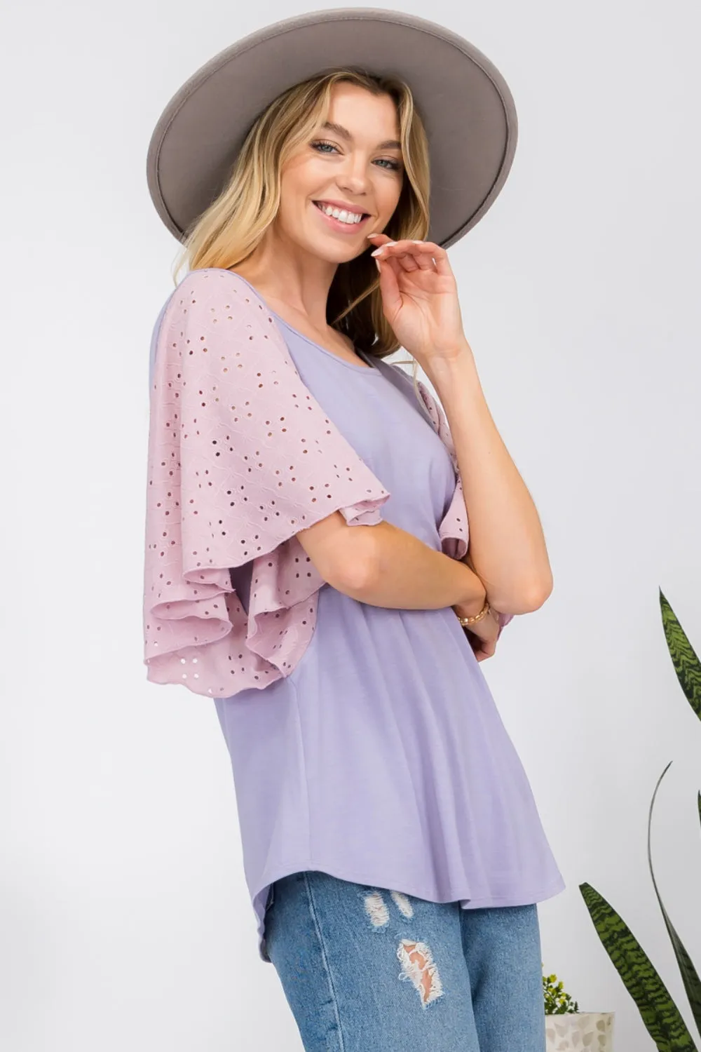 Full Size Contrast Eyelet Ruffle Sleeve Blouse