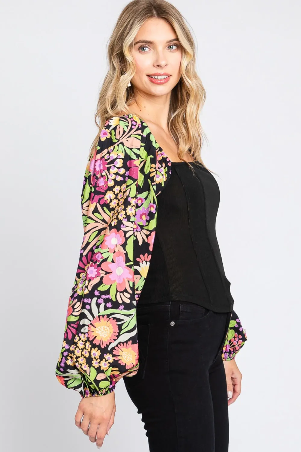 Full Size Floral Balloon Sleeve Blouse