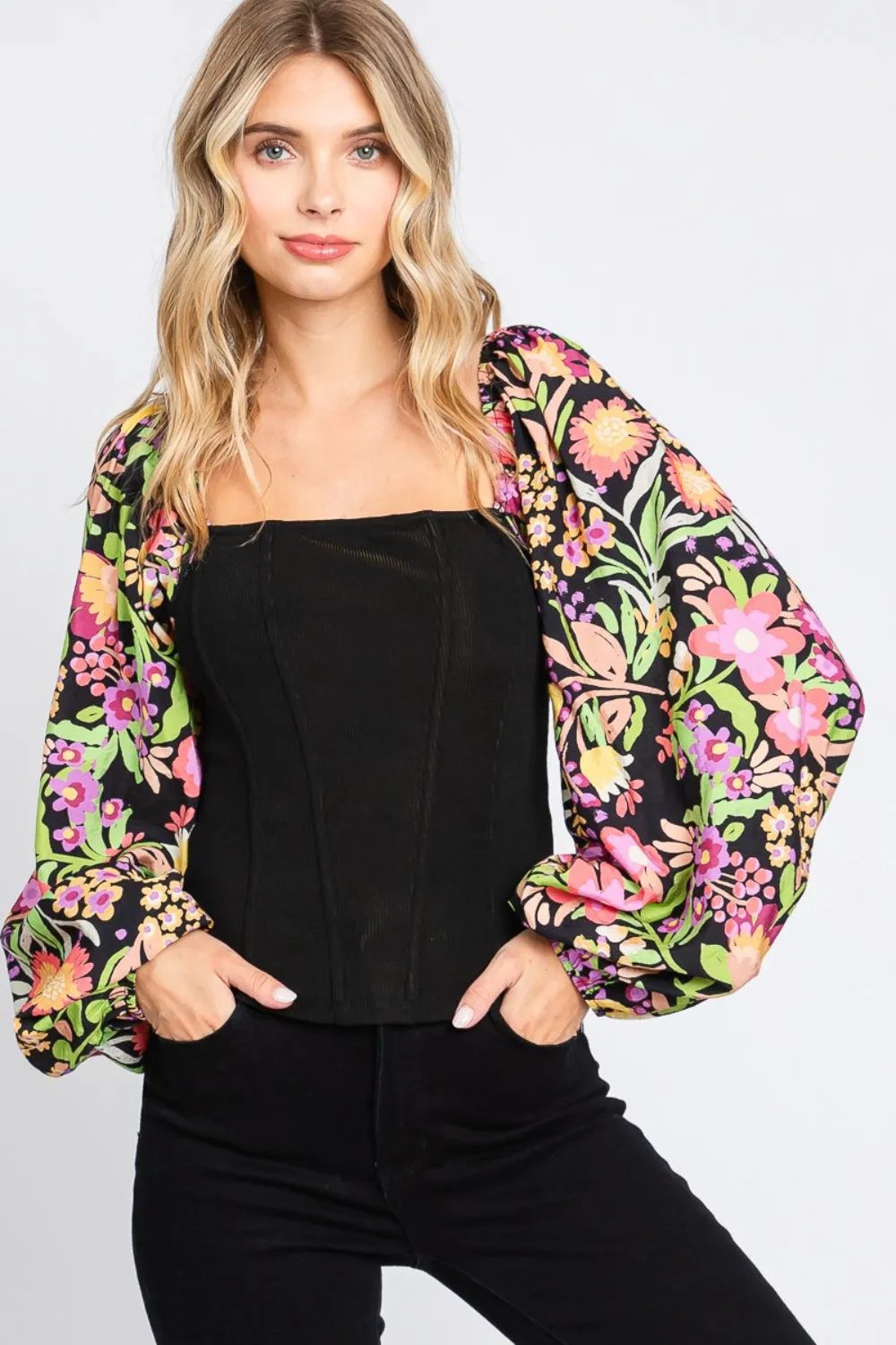 Full Size Floral Balloon Sleeve Blouse