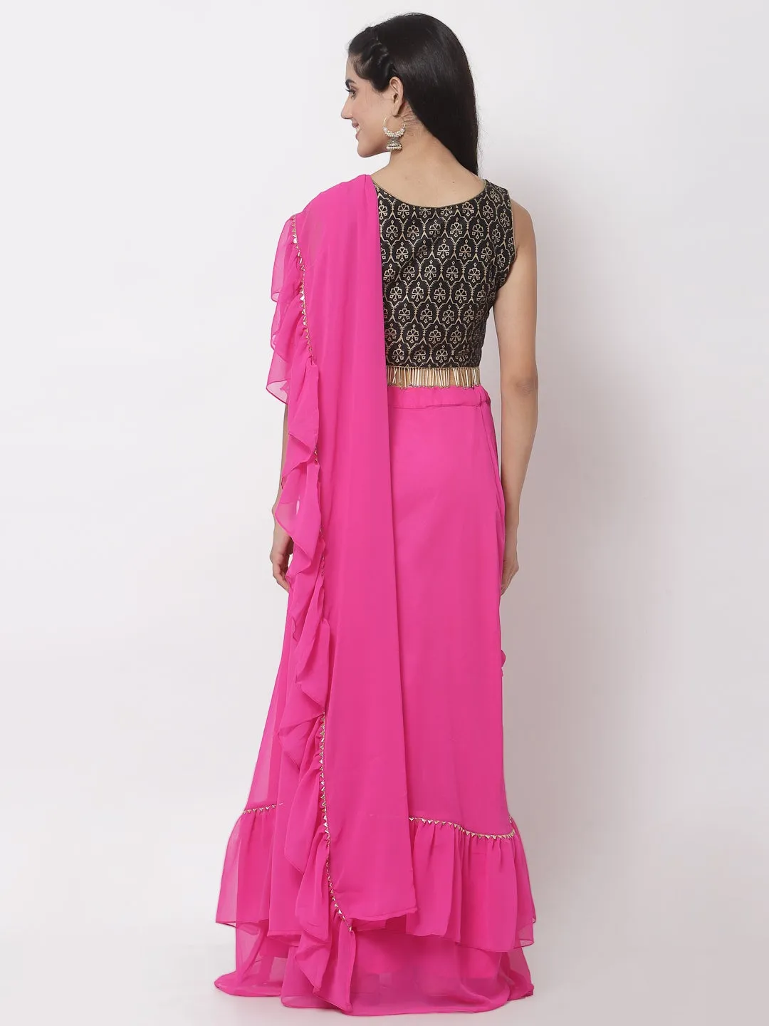 Georgette Embellished Tiered Skirt with Attached Dupatta