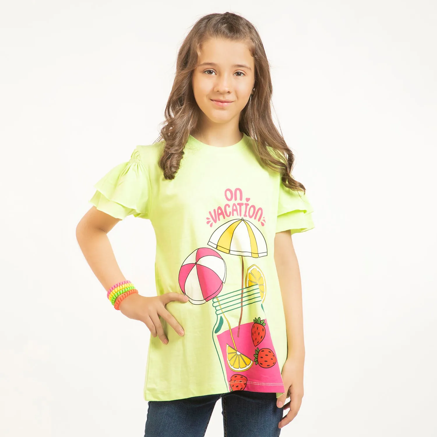 Girls T-Shirt H/S On Vacations  - Sharp Green