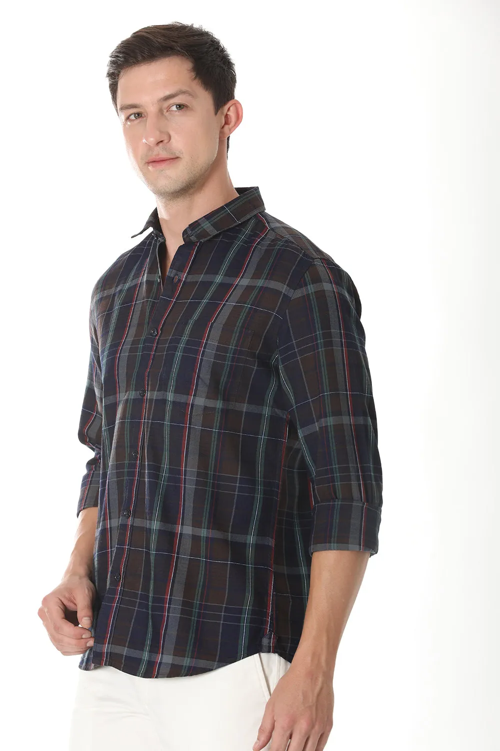 Gridline Checkered Shirt - Navy x Brown