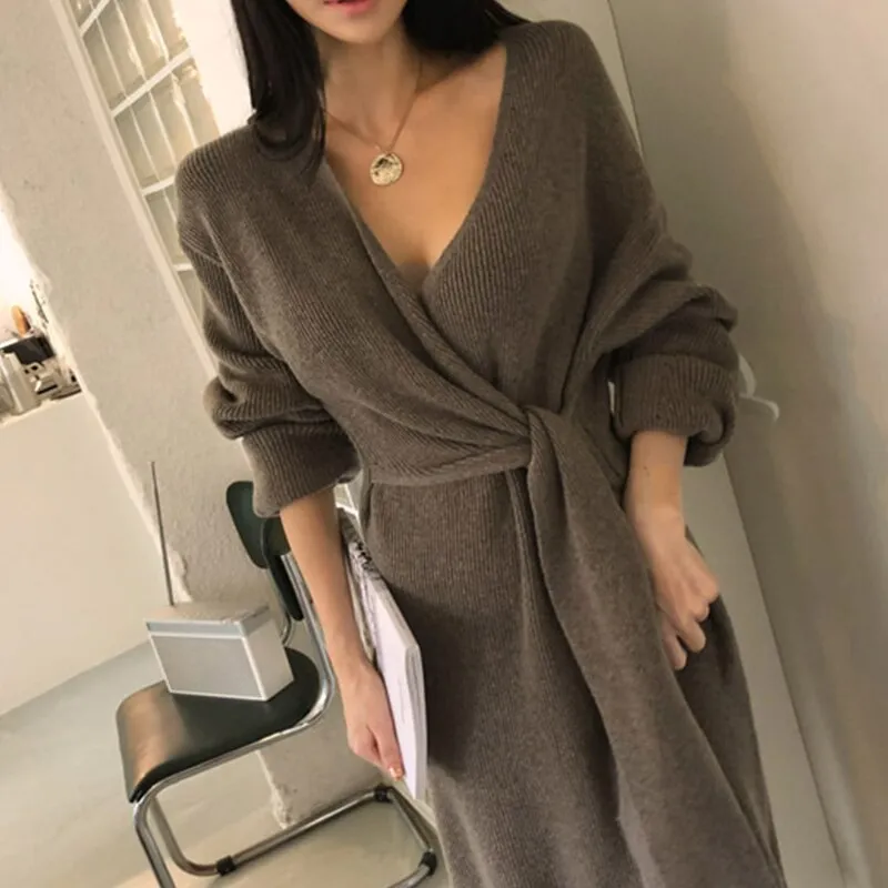 Harajuku Spaghetti Knitted Dress Women Autumn Gray V-neck Elegant Woolen Vestidos Lady Oversized Streetwear Winter Knitwear